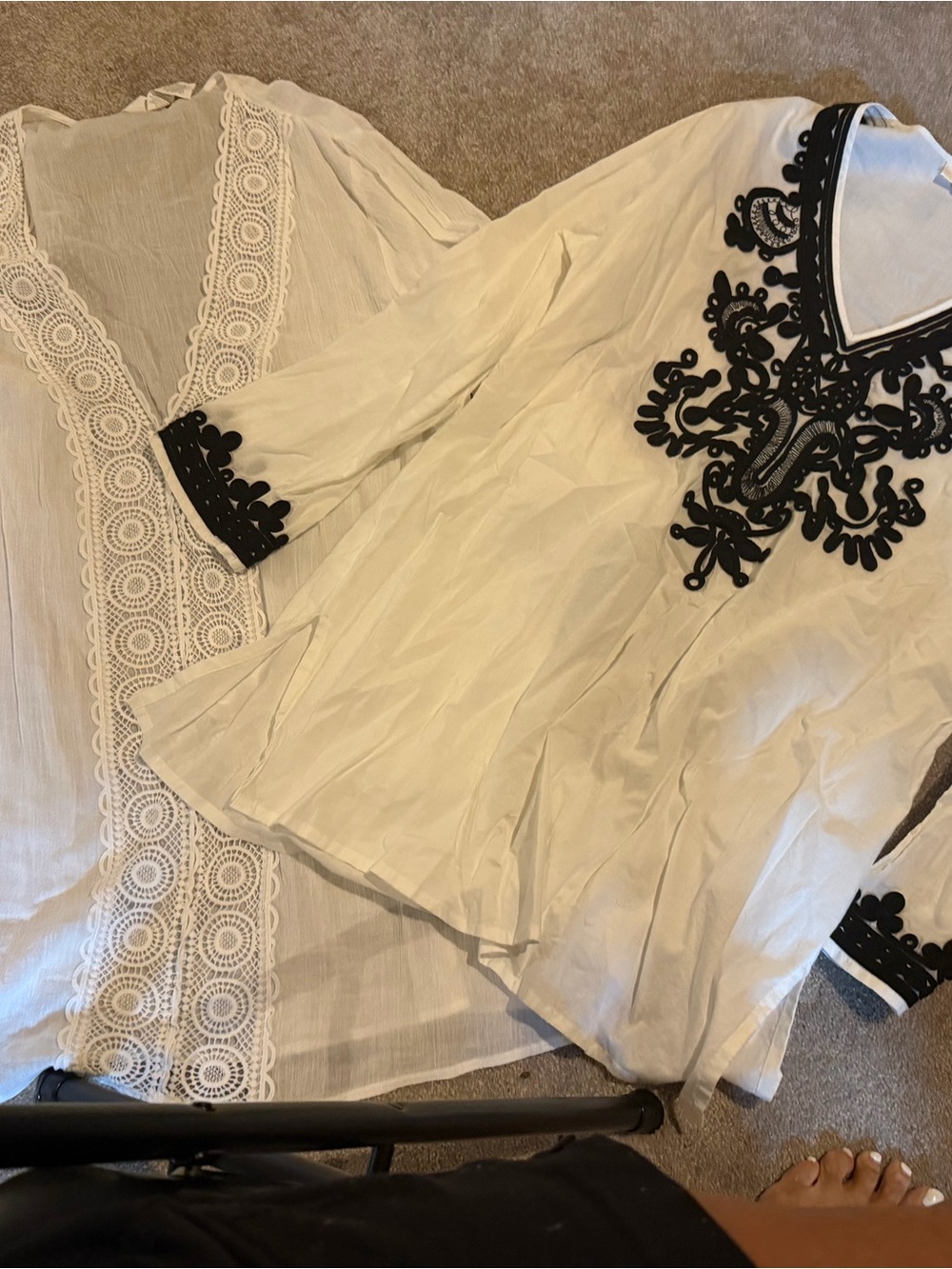 Women’s White Embroidered V-Neck Tunic Top - Black Appliqué swim coverups